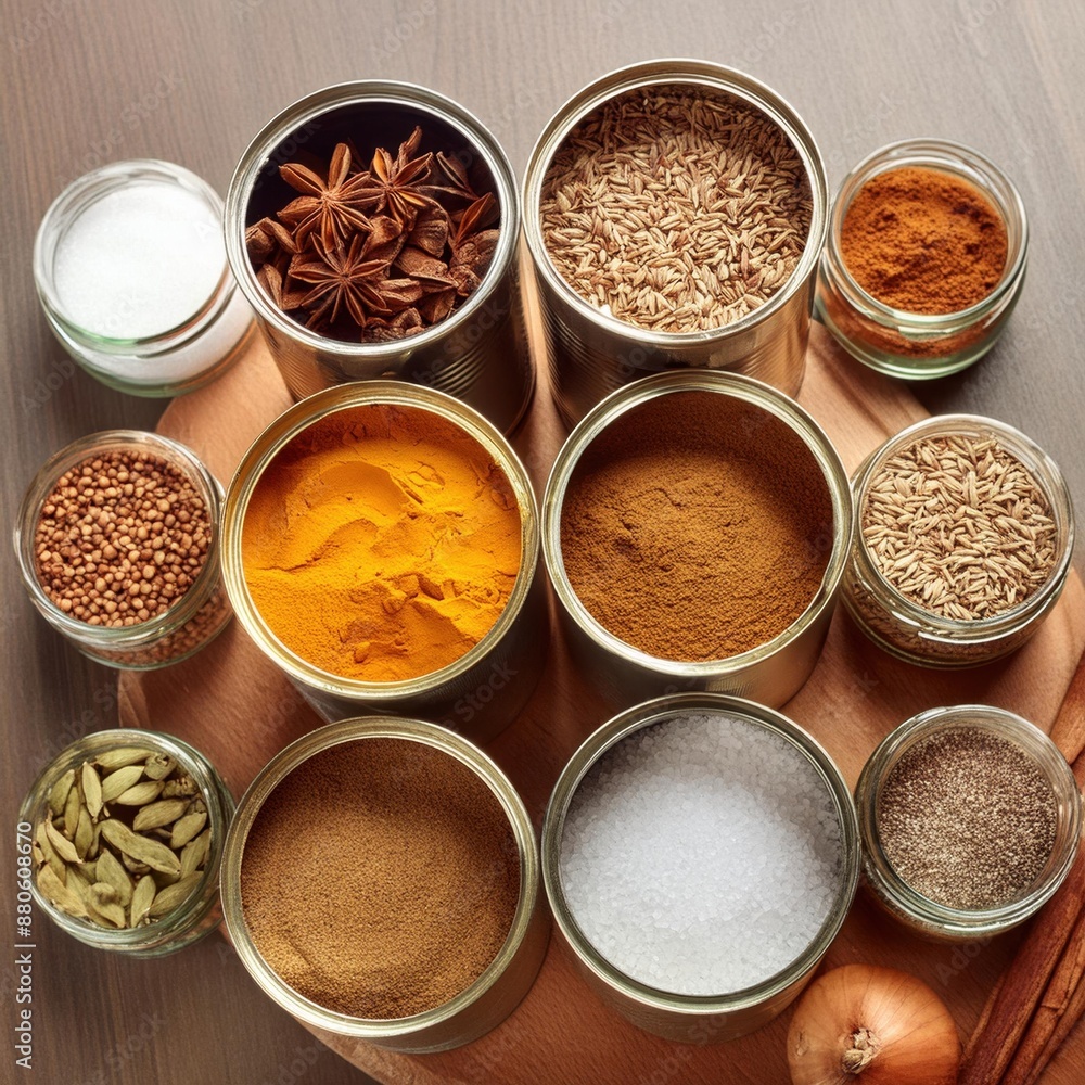 Different spices and food ingredients in metal and glass jars on kitchen table Different spices and food ingredients in metal and glass jars on kitchen table