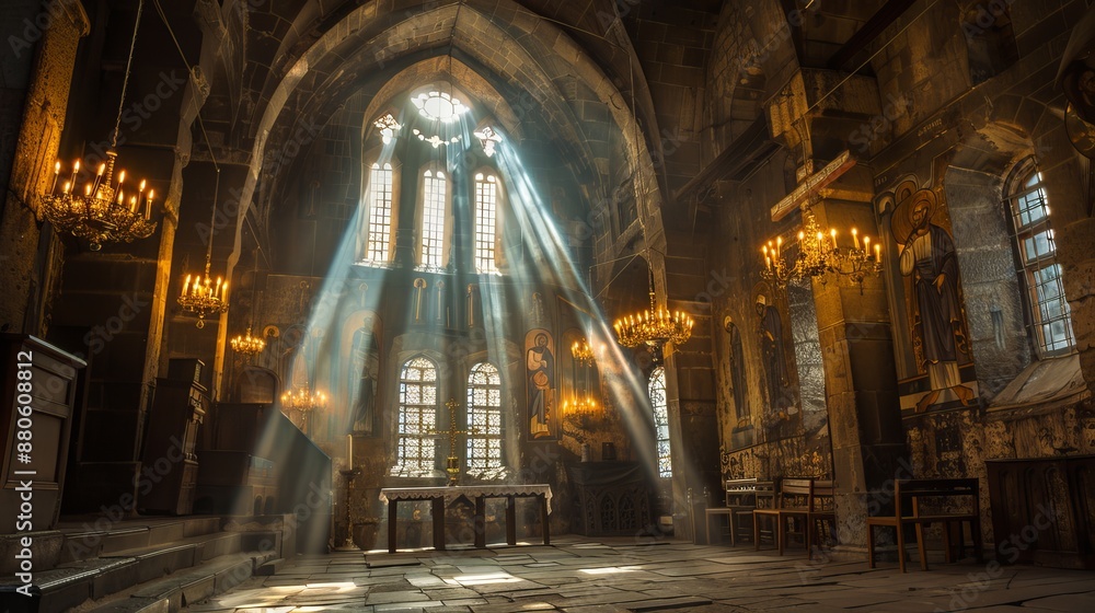 An old Armenian Christian church with sunbeams pouring in from the windows, illuminating the burning candles inside. It represents faith, history, architecture, travel, and religious traditions. An old Armenian Christian church with sunbeams pouring in from the windows, illuminating the burning candles inside. It represents faith, history, architecture, travel, and religious traditions.