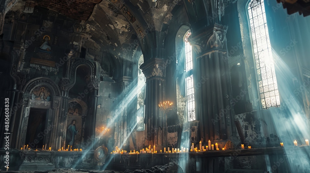 Obraz premium An old Armenian Christian church with sunbeams pouring in from the windows, illuminating the burning candles inside. It represents faith, history, architecture, travel, and religious traditions.
