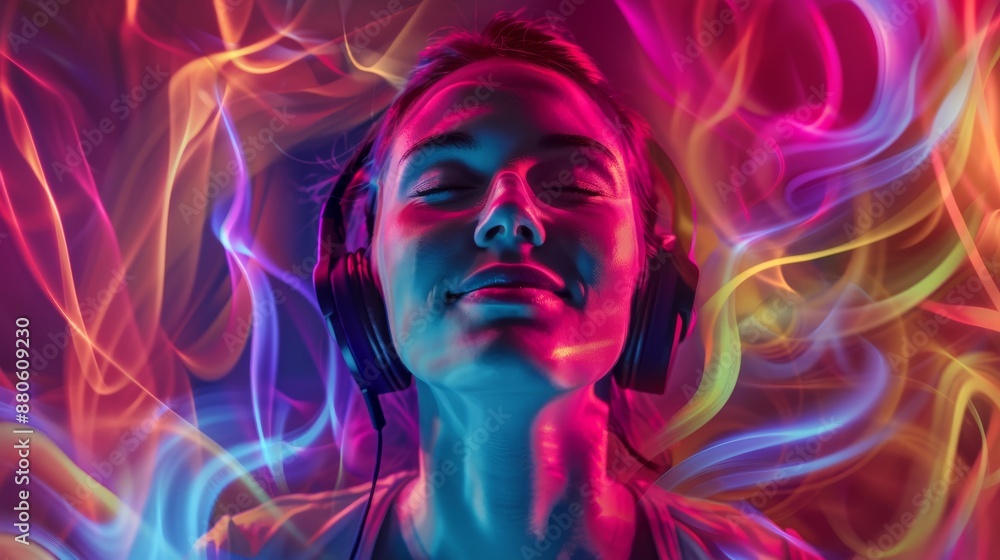 Young woman is enjoying music on her headphones with her eyes closed, surrounded by vibrant neon lights and colorful smoke Young woman is enjoying music on her headphones with her eyes closed, surrounded by vibrant neon lights and colorful smoke