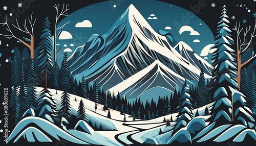 Winter snowy landscape with frozen lake near rocky mountains foot under blue sky with clouds. Cartoon vector panoramic peaceful cold scenery with pond and shore covered with snow near high hills.