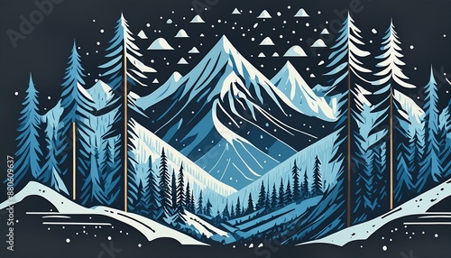 Winter snowy landscape with frozen lake near rocky mountains foot under blue sky with clouds. Cartoon vector panoramic peaceful cold scenery with pond and shore covered with snow near high hills.