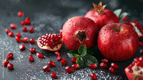 Group Fresh pomegranate fruit whole pomegranate seeds. Pomegranates and red apples Rosh Hashanah