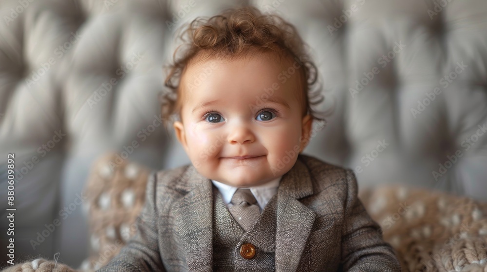 Sweet baby boy with curly brown hair sits on a cozy couch in an elegant suit and tie, exuding happiness and innocence, showcasing cheerful childhood joy Sweet baby boy with curly brown hair sits on a cozy couch in an elegant suit and tie, exuding happiness and innocence, showcasing cheerful childhood joy