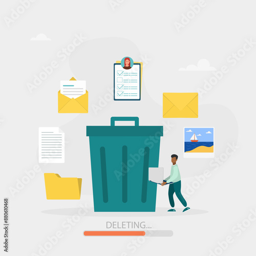 Delete concept. The character deletes data and moves unnecessary files to a large trash bin. Cleaning digital memory. Vector illustration.
