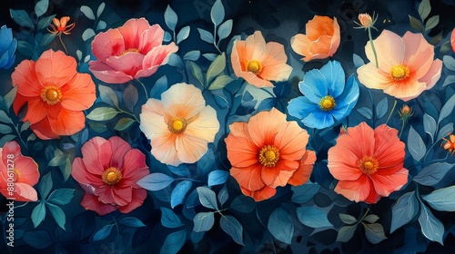 Vibrant floral illustration featuring a variety of colorful flowers in full bloom, set against a contrasting dark blue background with delicate leaves