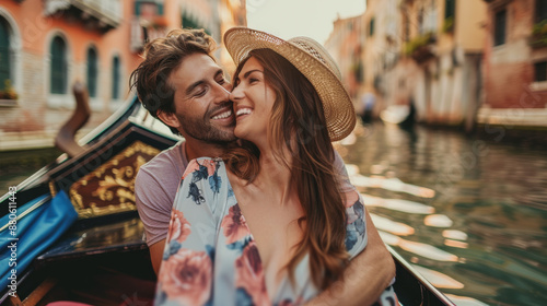 Happy young couple sitting in a gondola in venice having tender moment together - Holiday and summer vacation concept - Models by AI generative