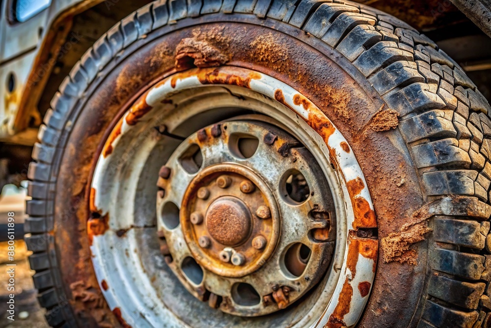 High-angle shot of a worn-out vehicle tyre with deep treads and substantial sidewall damage on a rusty wheel rim against a blurred urban background High-angle shot of a worn-out vehicle tyre with deep treads and substantial sidewall damage on a rusty wheel rim against a blurred urban background