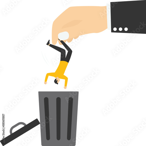Layoff concept, The big hand (boss) removing employee, vector illustration.



