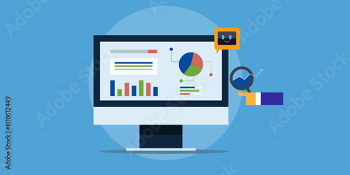 Business analytics data report driven by artificial intelligence virtual chatbot technology, marketing automation vector illustration concept.