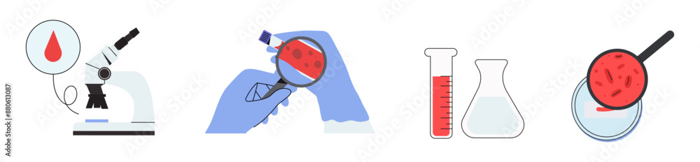 Blood test laboratory with blood samples in glass beaker tubes and ...