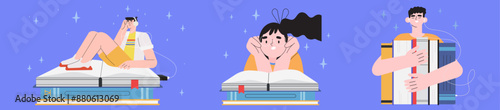 People with headphones listen books or read online in mobile application set. Concept of reading or online library, e-book, education. World book reading day illustration for banner, flyer, ad.