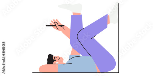 Bored or upset boy looking at smartphone watching social media accounts of friends. Man spend time surfing social network and being lazy vector illustration. Unhappy sad frustrated depressed teen.