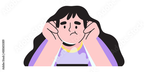 Bored or upset girl looking at smartphone watching social media accounts of friends. Woman spend time surfing social network and being lazy vector illustration. Unhappy sad frustrated depressed teen.