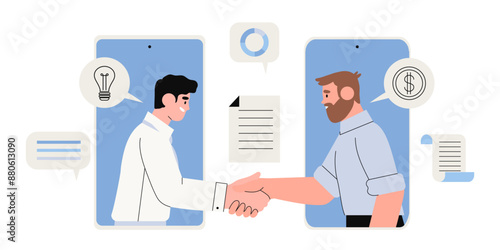 Two businessman in smartphone signing up contract and shake hands on meeting. New profitable project start up sponsored by investor. Bushiness concept of two male characters in mobile phones making de