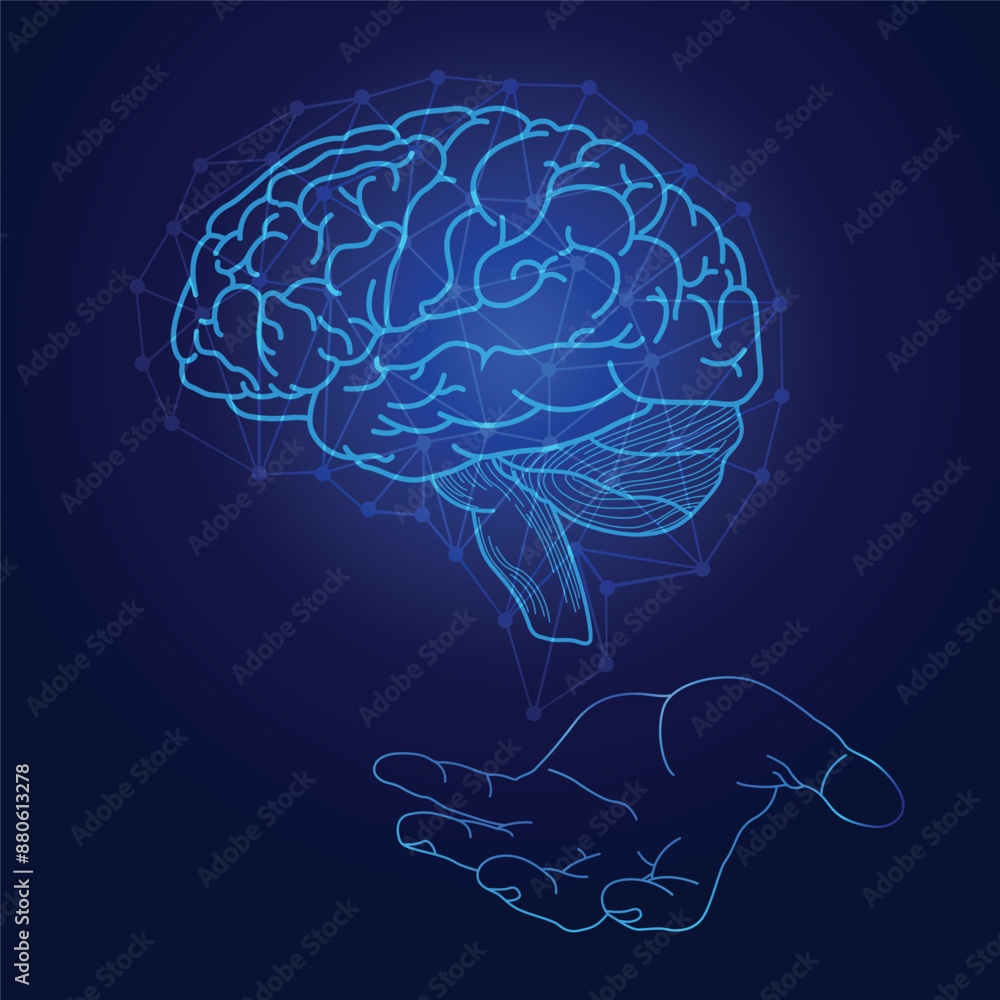 Low poly brain or artificial intelligence concept on hand silhouette. Low poly brain or artificial intelligence concept on hand silhouette.