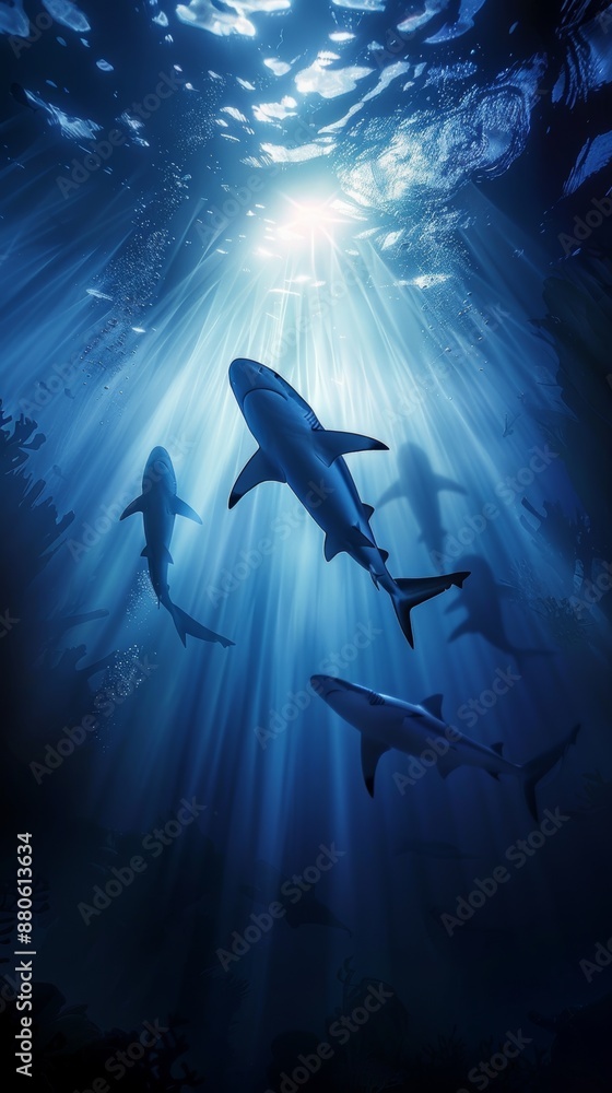 Obraz premium Four graceful sharks swim in the deep blue ocean, their silhouettes outlined by sunrays filtering through the water