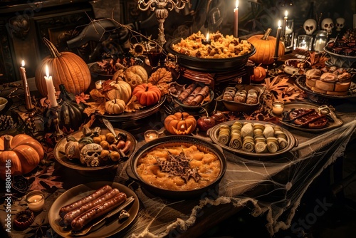 Table for Halloween dinner. Delicious food on table for Halloween dinner. Spooky scary party October 31. Halloween decoration