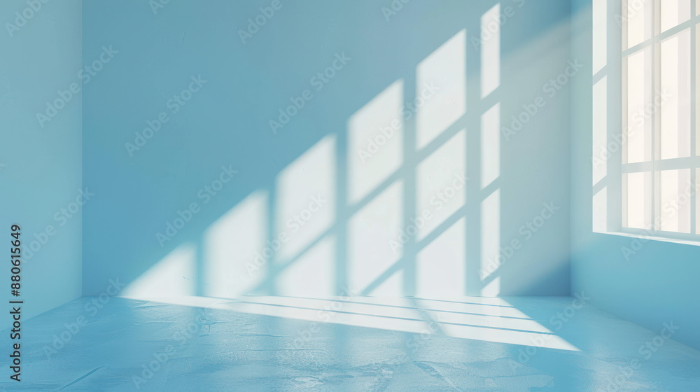 Clean, simple background in light blue for presenting products. Shadows and light from windows on the wall. Clean, simple background in light blue for presenting products. Shadows and light from windows on the wall.