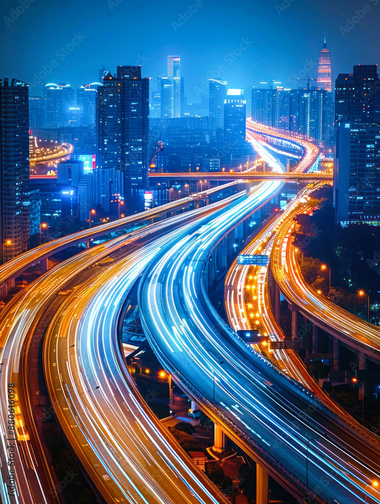 Obraz premium Vibrant urban highway at night with city lights.