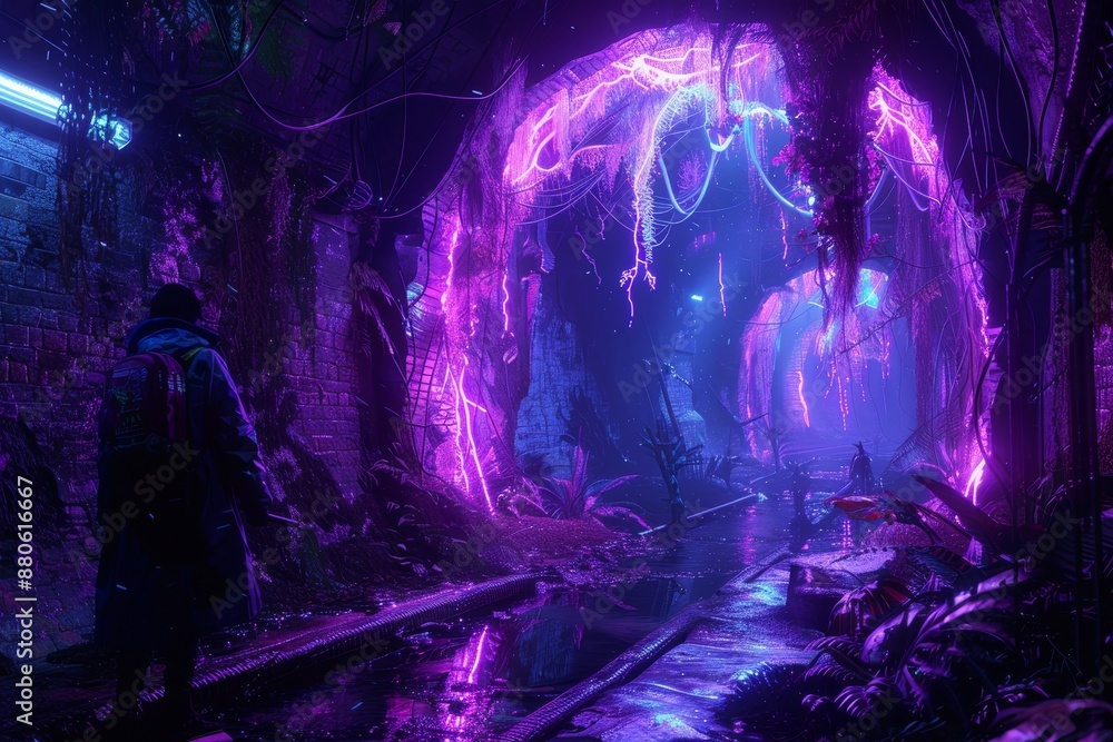 Obraz premium Urban Explorer Discovers Hidden Neon Underground City with Luminescent Creatures and Plants.
