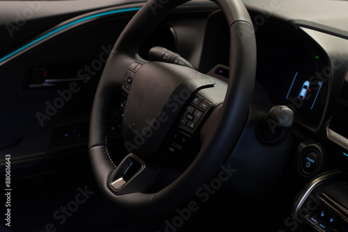 Steering wheel of a modern hybrid car 
