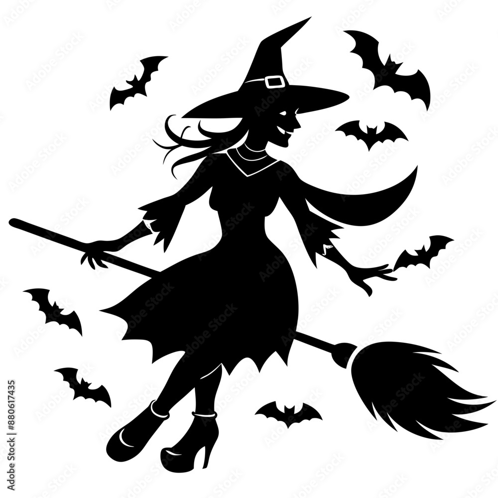 Silhouettes witches flying on a broomstick Silhouettes witches flying on a broomstick