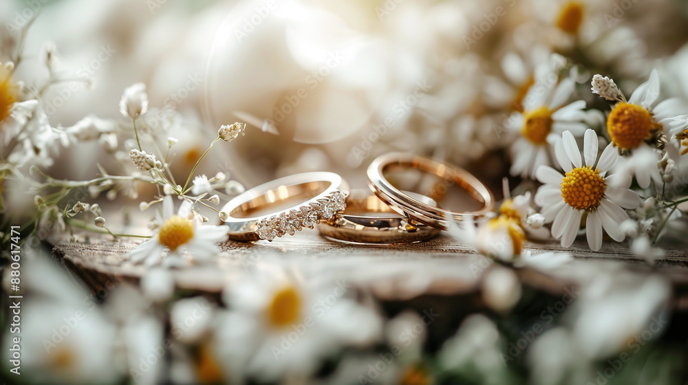 Two classic gold rings, defocused background light surface surrounded flowers. Wedding composition Two classic gold rings, defocused background light surface surrounded flowers. Wedding composition