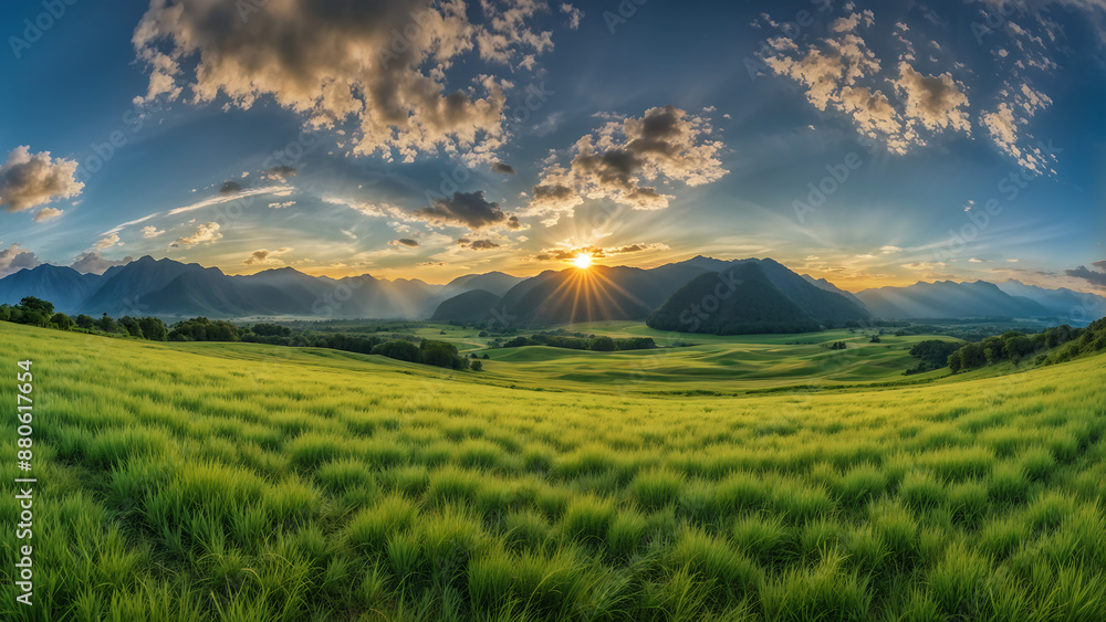 panoramic shot capturing the lush greenery of sprawling grass fields under a cerulean sky panoramic shot capturing the lush greenery of sprawling grass fields under a cerulean sky