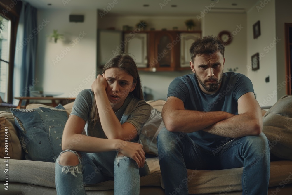Male and female couple sitting on the sofa at home angry and worried. Male and female couple sitting on the sofa at home angry and worried.
