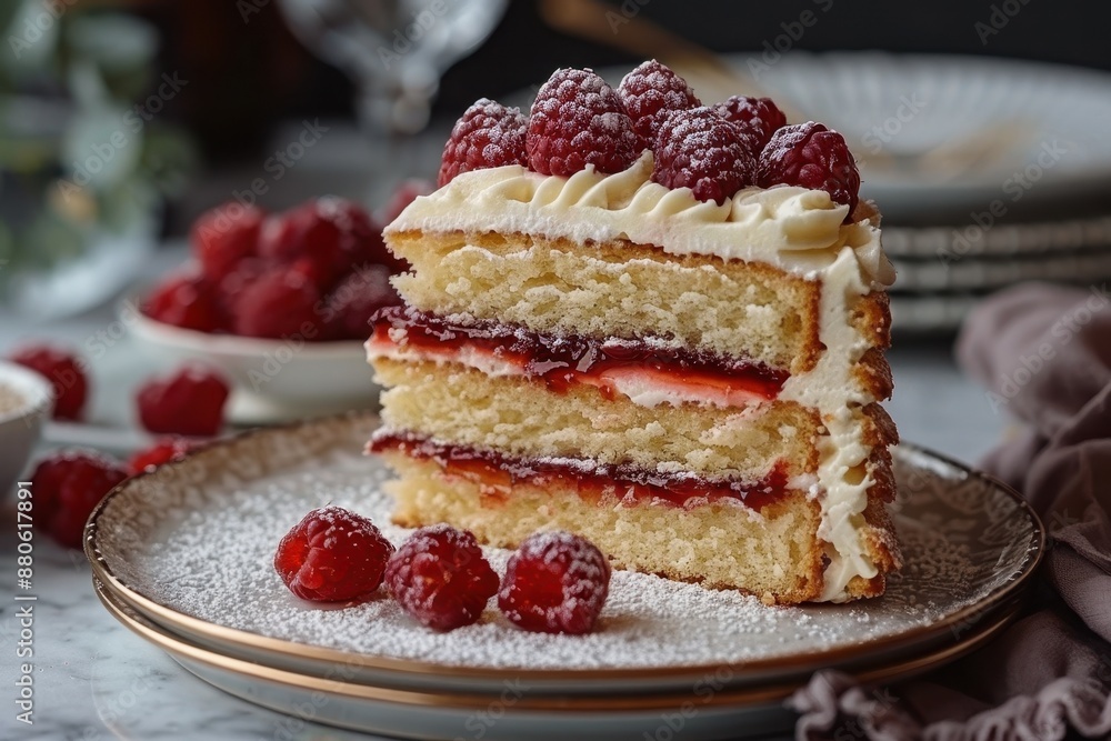 A slice of Victoria sponge cake, with layers of raspberry jam and whipped cream, dusted with powdered sugar. A slice of Victoria sponge cake, with layers of raspberry jam and whipped cream, dusted with powdered sugar.
