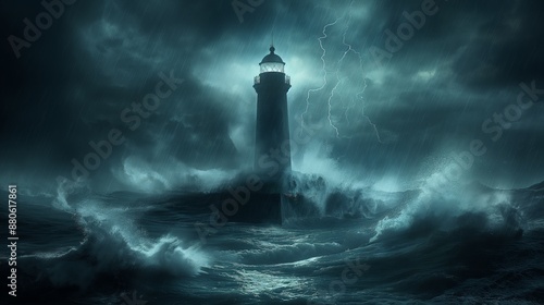 A dramatic and clear photo of a lighthouse standing strong against a backdrop of stormy seas and pouring rain