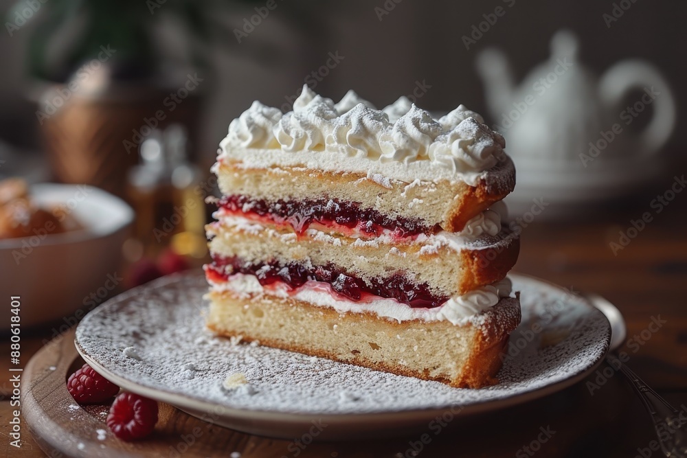 A slice of Victoria sponge cake, with layers of raspberry jam and whipped cream, dusted with powdered sugar. A slice of Victoria sponge cake, with layers of raspberry jam and whipped cream, dusted with powdered sugar.