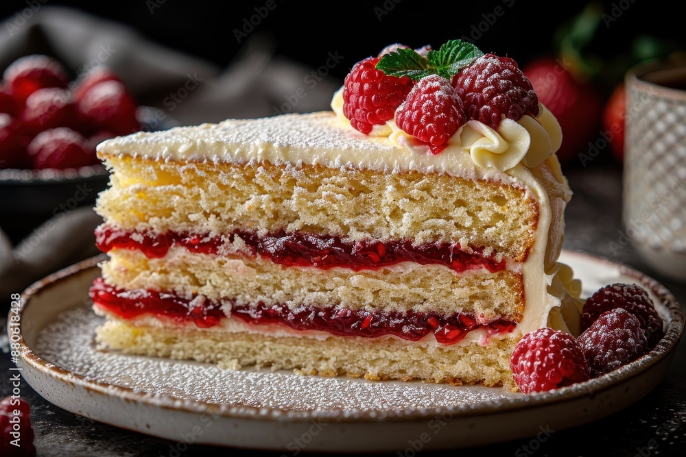 A slice of Victoria sponge cake, with layers of raspberry jam and whipped cream, dusted with powdered sugar. A slice of Victoria sponge cake, with layers of raspberry jam and whipped cream, dusted with powdered sugar.