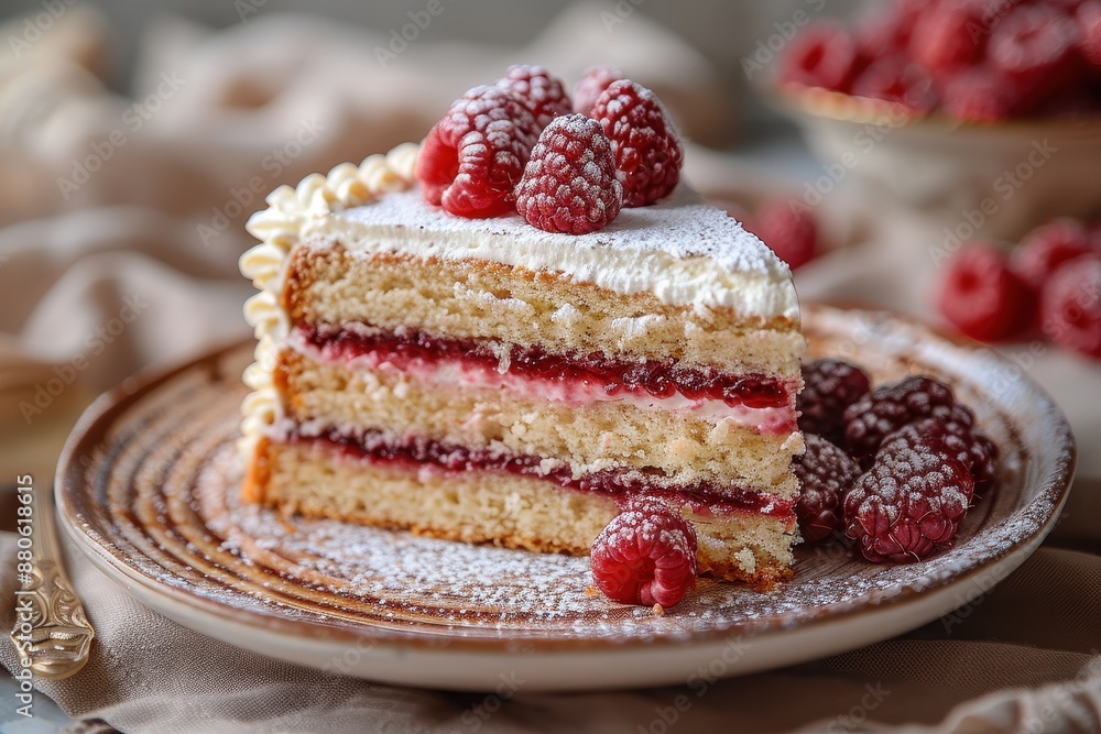 A slice of Victoria sponge cake, with layers of raspberry jam and whipped cream, dusted with powdered sugar. A slice of Victoria sponge cake, with layers of raspberry jam and whipped cream, dusted with powdered sugar.