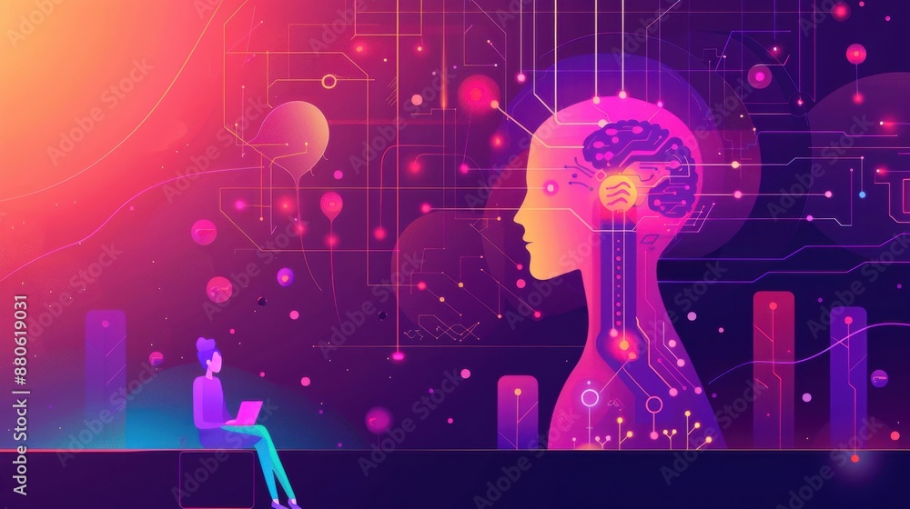 Fototapeta premium Computational physics, AI-driven solutions, flat design illustration