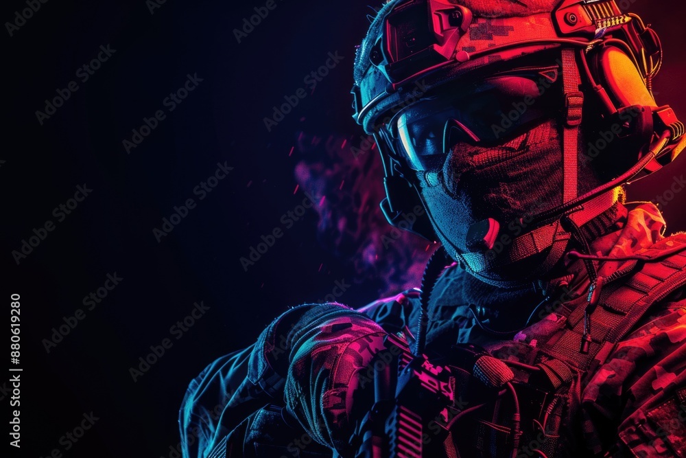 A person wearing a military uniform, helmet, and goggles, likely for protection or tactical purposes A person wearing a military uniform, helmet, and goggles, likely for protection or tactical purposes