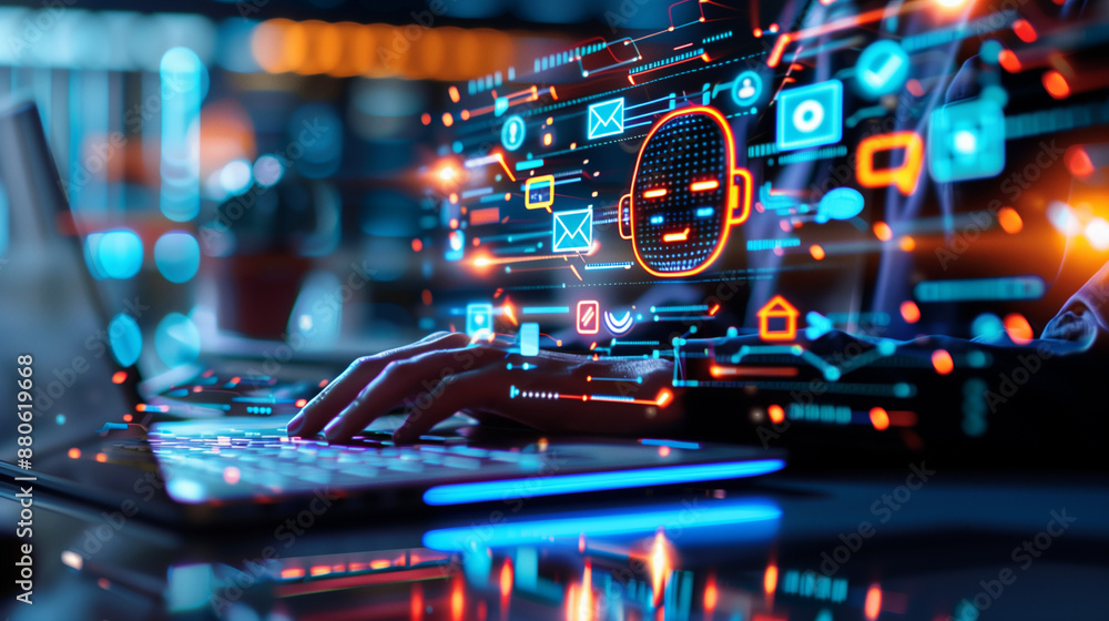 Human hand typing on keyboard with holograms icons, technology concept, network and connectivity. Human hand typing on keyboard with holograms icons, technology concept, network and connectivity.
