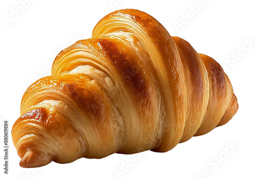 A single, golden-brown croissant with a flaky texture and visible layers, isolated on a transparent background, It looks freshly baked and buttery, PNG file, perfect for graphic design.