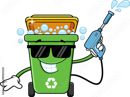 Green Recycle Trash Bin Cartoon Character Holding A Washer Gun. Vector Hand Drawn Illustration Isolated On Transparent Background