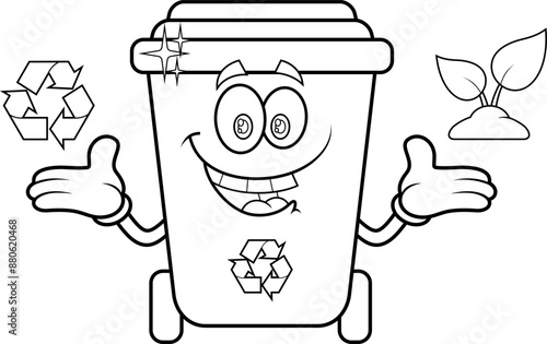 Outlined Recycle Trash Bin Cartoon Character Showing Recycle Signs. Vector Hand Drawn Illustration Isolated On Transparent Background