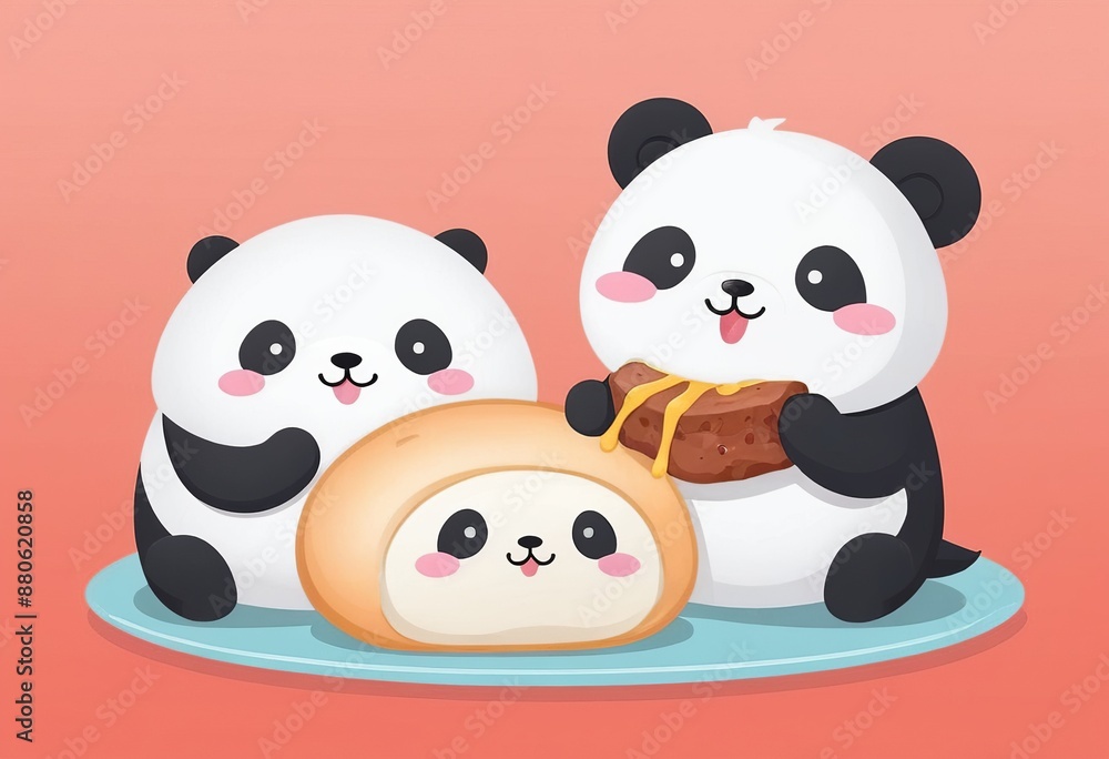 Cartoon Panda Munching on Steamed Bun, Flat Style Vector Illustration Cartoon Panda Munching on Steamed Bun, Flat Style Vector Illustration