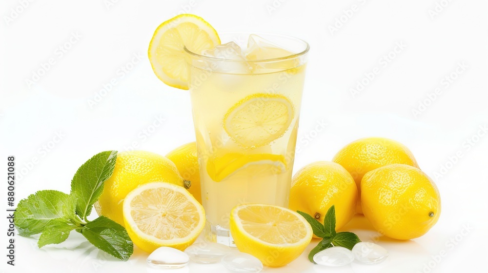 Fresh Lemonade and Lemons on White Background Fresh Lemonade and Lemons on White Background