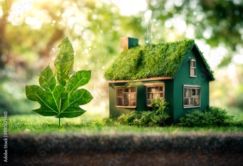 out energy coming chimney placed green efficiency house symbol arrow 3d leaves wording cut home eco building three-dimensional environment photo