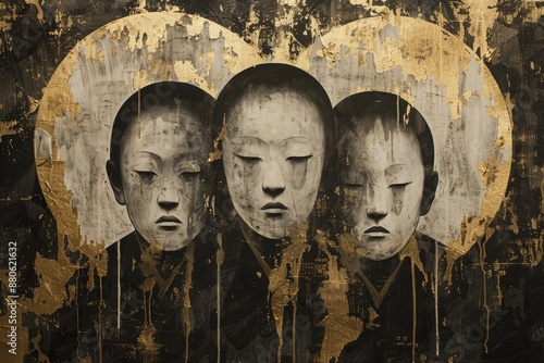 Japanese Noh Masks in Serene Ink Wash Painting with Gold Accents.