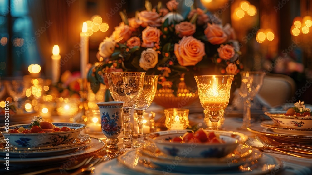 Elegant dining table set for a formal dinner, with candles and fine china, ideal for hospitality themes Elegant dining table set for a formal dinner, with candles and fine china, ideal for hospitality themes