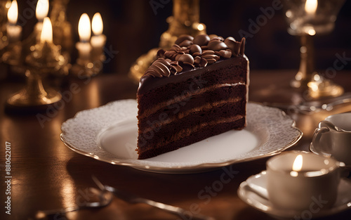 Austrian Sachertorte, rich chocolate, elegant café setting photo