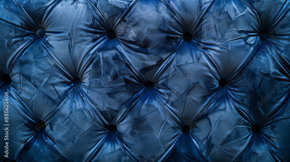 Deep blue velvety fabric with diamond-shaped patterns and tufted buttons, resembling the classic Chesterfield furniture design.