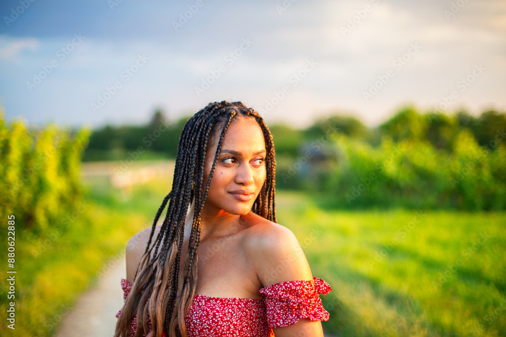 beautiful young black woman in a red dress in the countryside. countryside concept beautiful young black woman in a red dress in the countryside. countryside concept