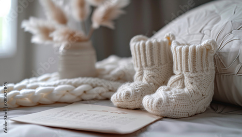 A pair of tiny, knitted baby booties placed next to a handwritten note on a bedside table